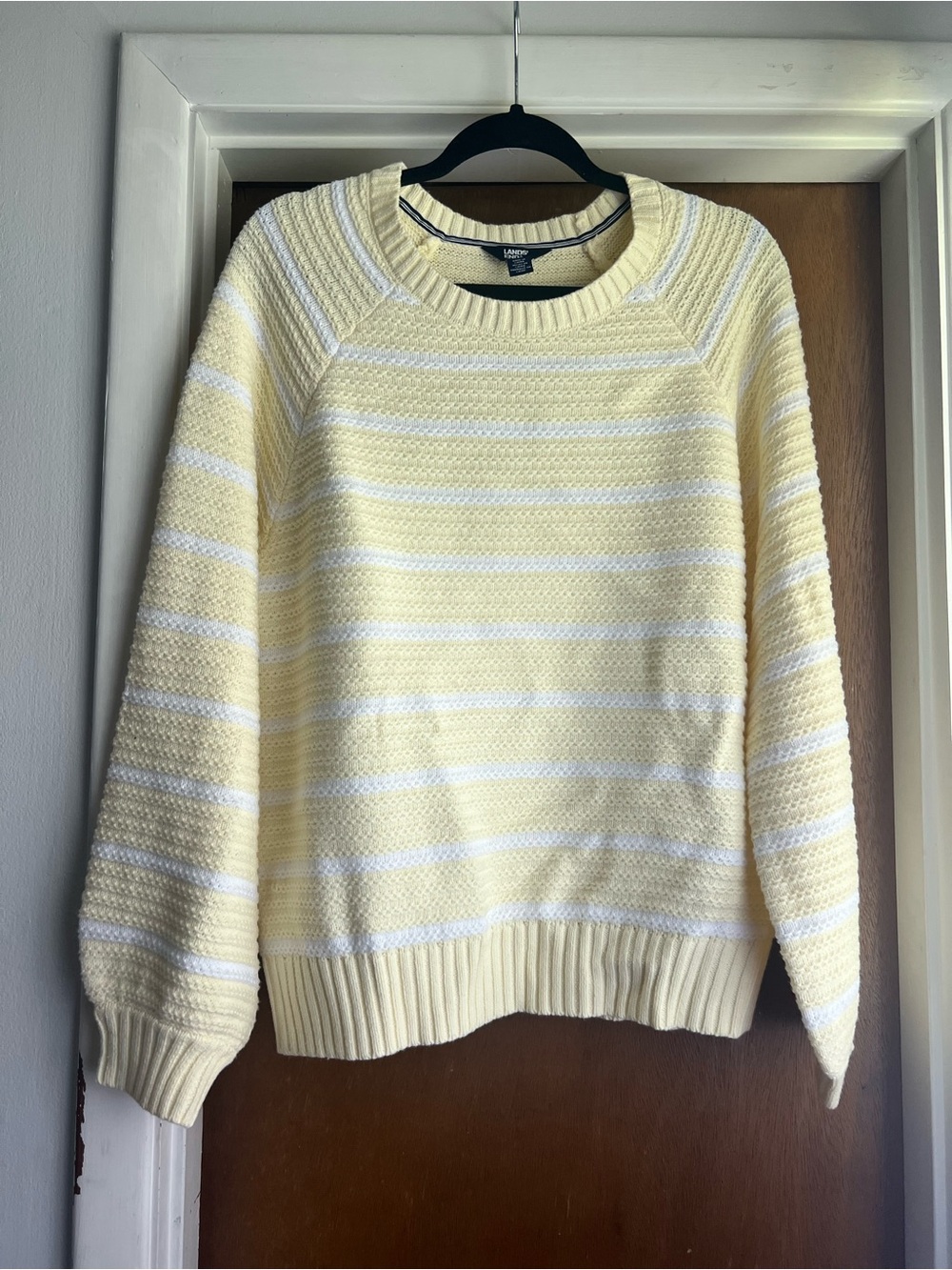 Lands' End Women’s Pale Yellow & White Striped Crewneck Sweater
